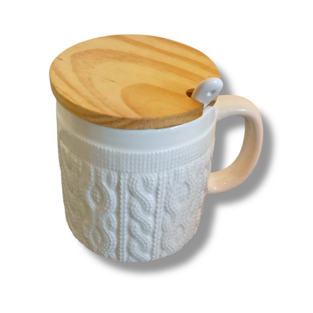 Avon Mug Cream Cable Knit Sweater With Lid &‎ Spoon Large Ceramic Coffee Cup